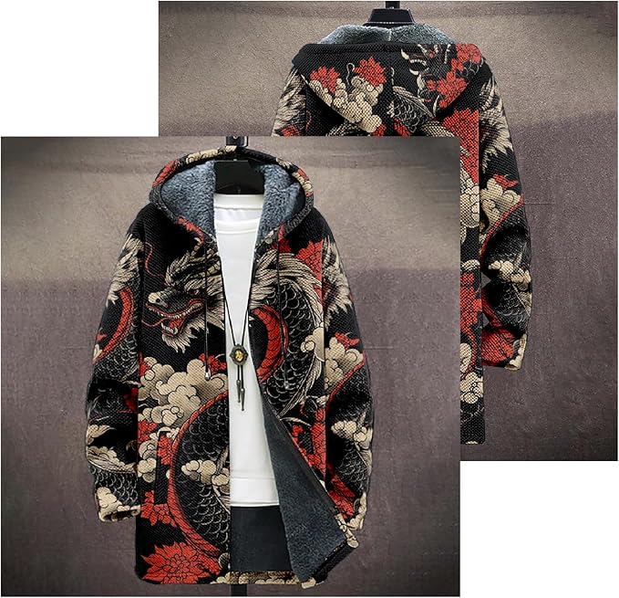 Mens Hooded Cardigan Japanese Art Zip Up Long Sleeve Sweater Hoodie Dragon Print Coat with Pockets