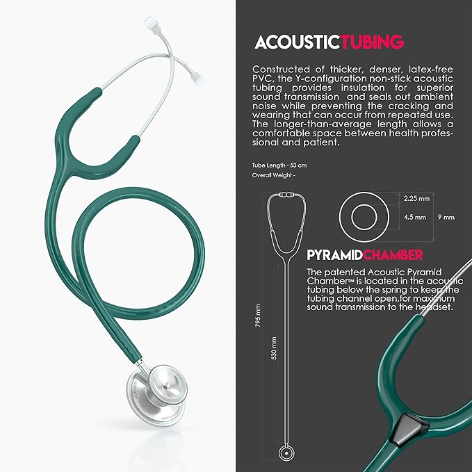 MDF Instruments, Acoustica Lightweight Stethoscope for Doctors, Nurses, Students, Home Health Use, Adult, Dual Head, Dark Green Tube, Silver Chestpiece-Headset, MDF747XP09