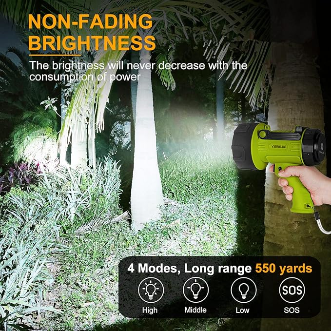 YIERBLUE Rechargeable Spotlight Flashlight with 100,000 High Lumen LED, IP67 Waterproof Long Running Spot Light searchlight, Impact Resistant Handheld Spotlight with Foldable Stand and Red Lens