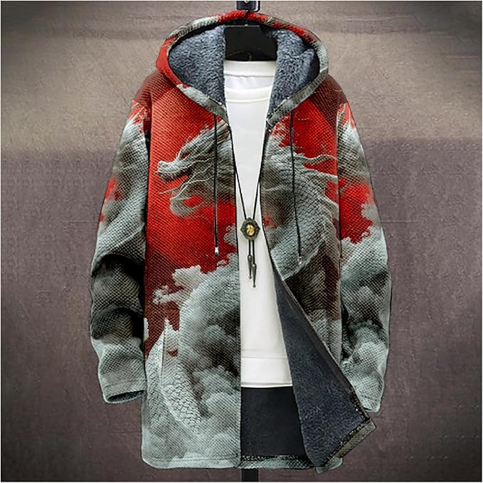 Mens Hooded Cardigan Japanese Art Zip Up Long Sleeve Sweater Hoodie Dragon Print Coat with Pockets