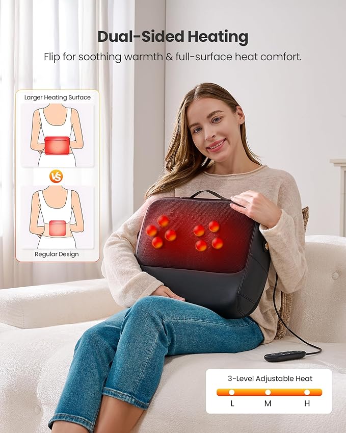 KNQZE 3-in-1 Shiatsu Back Massager with Heat & Support - 4D Deep Tissue Kneading for Neck, Shoulder, Lower Back | Dual-Side Heating Massage Pillow for Home, Office, Car | FSA Gift for Women, Men