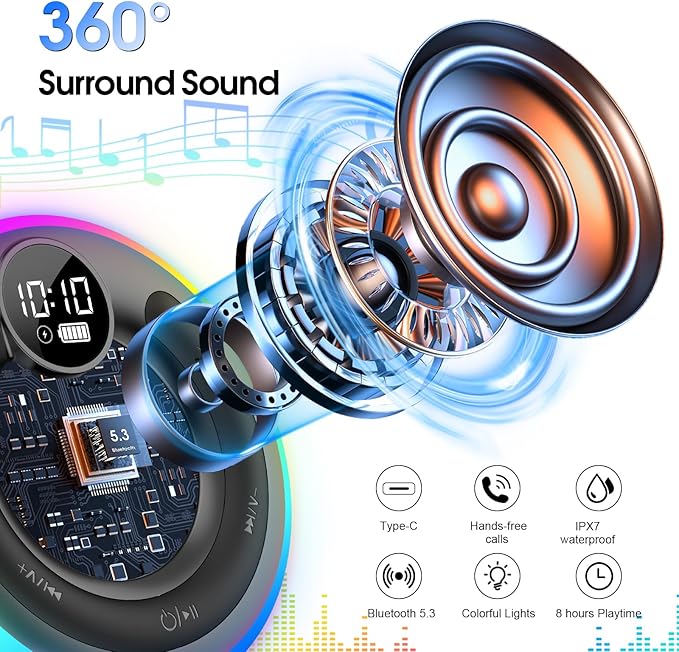Bluetooth Speaker, Stereo Sound Shower Speaker, IPX7 Waterproof, Digital Display Portable Speaker with Suction Cup, LED Light, Small Wireless Speakers for Outdoor Party Beach Bathroom, Orange