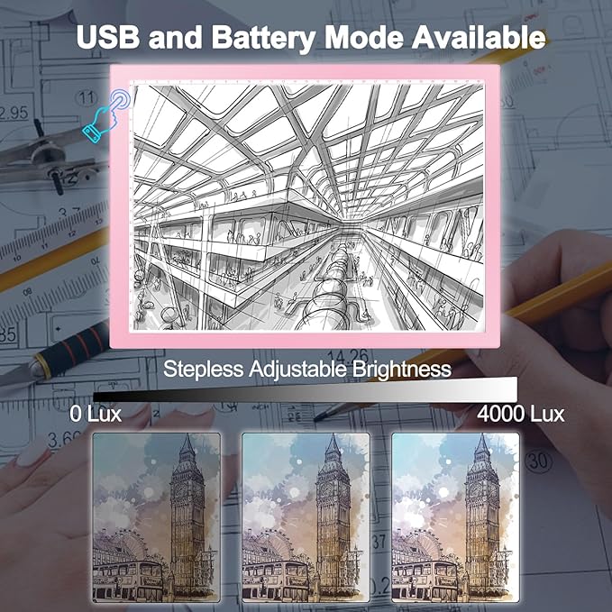 LitEnergy Rechargeable Battery Powered Light Tracing Box, Ultra-Thin Adjustable USB Power Artcraft LED Trace Light Pad Size A4 for Drawing, Streaming, Sketching, Animation, Stenciling (Pink)