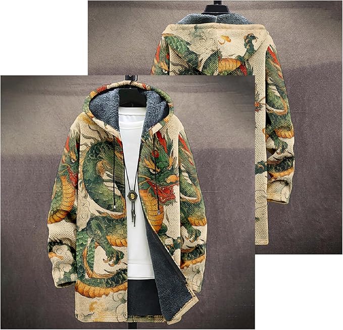 Mens Hooded Cardigan Japanese Art Zip Up Long Sleeve Sweater Hoodie Dragon Print Coat with Pockets