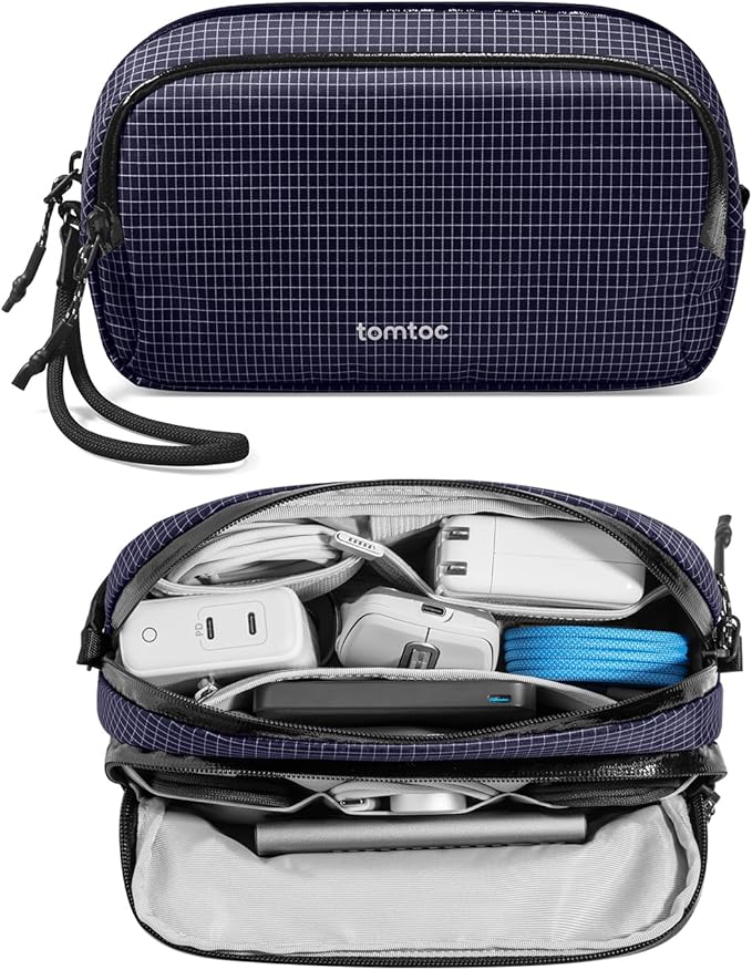 tomtoc Electronic Organizer Travel Case Performance, Water Resistant Dual Compartment Cable Organization Storage Bag for Charger, Cord, Phone, Hard Drive, Power Bank, Accessories Travel Essentials