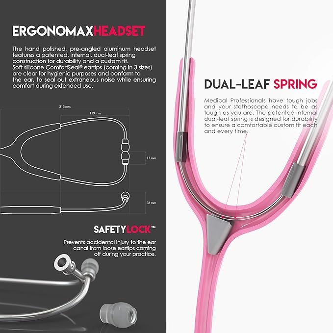 MDF Instruments, Acoustica Lightweight Stethoscope for Doctors, Nurses, Students, Home Health Use, Adult, Dual Head, Pink Tube, Silver Chestpiece-Headset, MDF747XP01