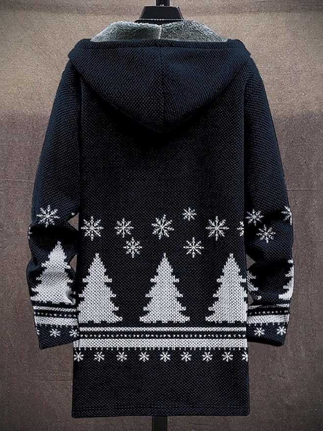 2025 Men's Ethnic Pattern Hooded Jacket Long Cardigan Hoodies Full Zip Vintage Knitted Zipper Coat with Pocket