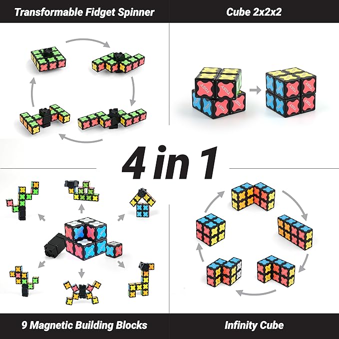 TOSY Magnet Fidget Spinner Mini - 8 Blocks, 3 in 1 Toy: Transformable Fidget Spinner, Infinity Cube, 2x2 Puzzle Cube, Christmas Stocking Stuffers Gift for Kids/Adults, STEM Sensory Stress Relief Toy
