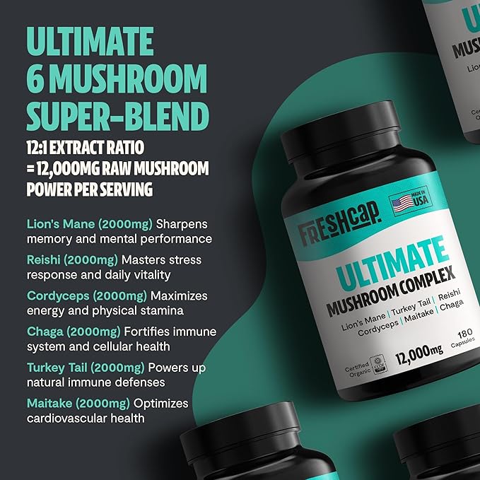 FreshCap Ultimate Mushroom Supplement 12,000mg - Nootropic Complex Capsules, Organic Mushrooms Immune Support, Brain Supplements for Memory and Focus, Ayurveda Nootropic (180 Capsules)