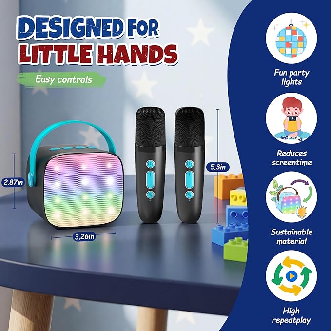 YLL Mini Karaoke Machine with 2 Wireless Microphones, TOP Kids Gifts for Girls Ages 3, 4, 5, 6, 7, 8, 9,10,11,12 +Year Old, 4-12 Years Old Birthday Toy Gift for Girls Boys Party (Black Blue)