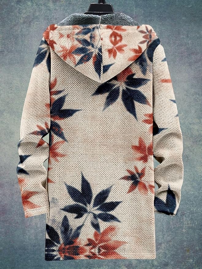 2025 Men's Ethnic Pattern Hooded Jacket Long Cardigan Hoodies Full Zip Vintage Knitted Zipper Coat with Pocket