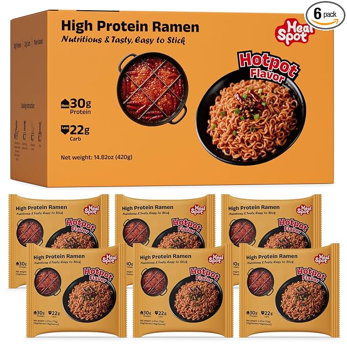 HealSpot High Protein Instant Ramen, 30g Plant Based Protein, Low Fat, Low Carb, Non GMO, Keto Friendly, Plant Based Dry Mixed Ramen, 6 Packs of Hot Pot Flavor