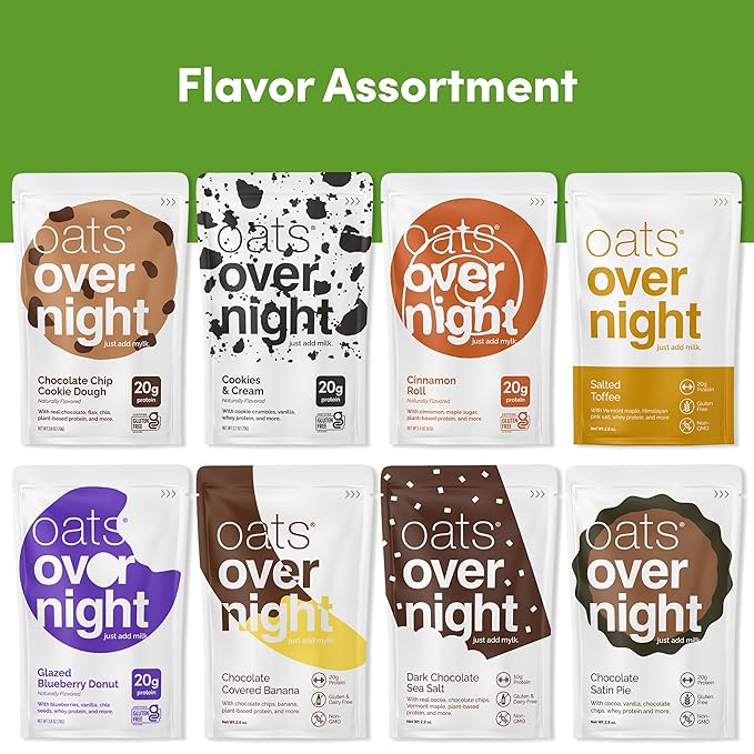 Oats Overnight Dessert Variety Pack - High Protein, High Fiber Breakfast Protein Shake - Gluten Free Oatmeal, Non GMO High Protein Oatmeal - Salted Toffee, Chocolate Satin Pie & More Flavors (8 Pack)