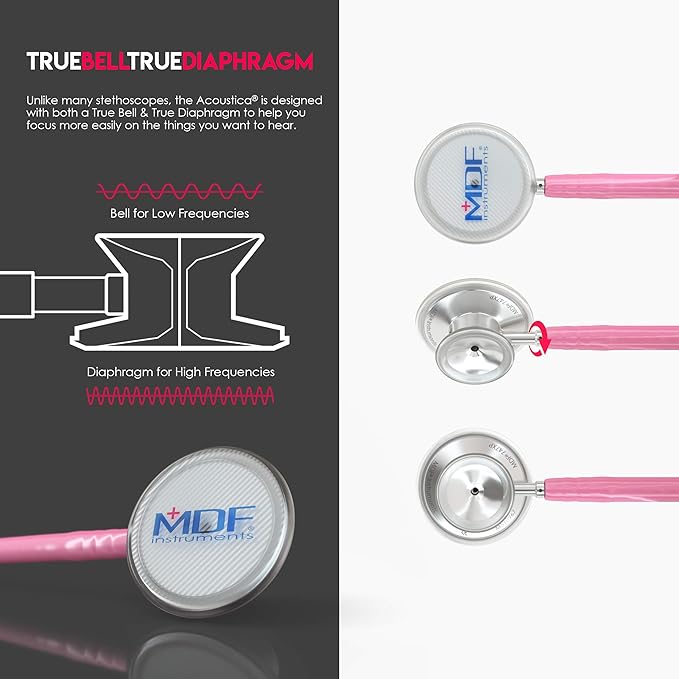 MDF Instruments, Acoustica Lightweight Stethoscope for Doctors, Nurses, Students, Home Health Use, Adult, Dual Head, Pink Tube, Silver Chestpiece-Headset, MDF747XP01