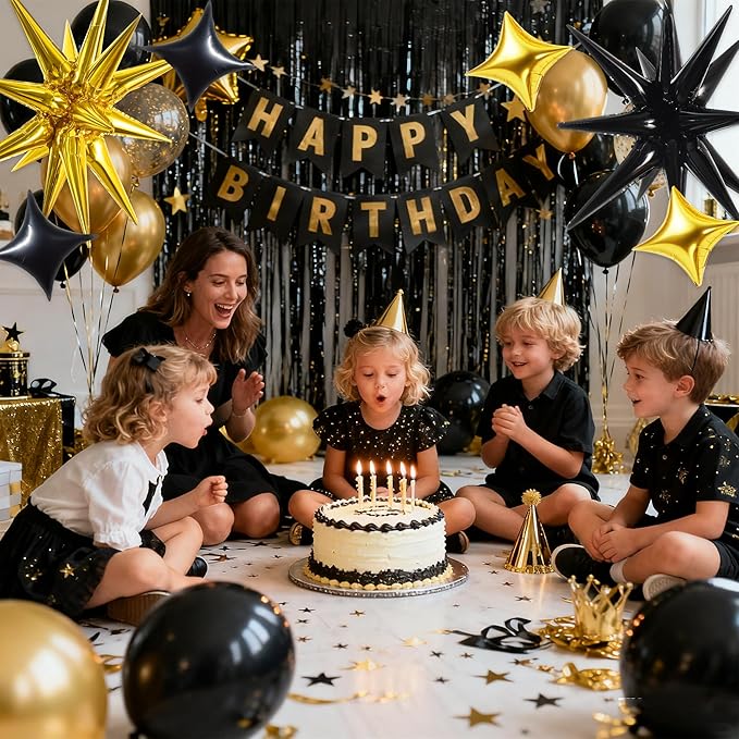 TONIFUL 22Inch 18Pcs Black Gold Large Explosion Star Mylar Balloons and 10Inch Four Pointed Star Balloons Set for Christmas New Year Birthday Wedding Baby Shower Anniversary Photo Booth Supplies