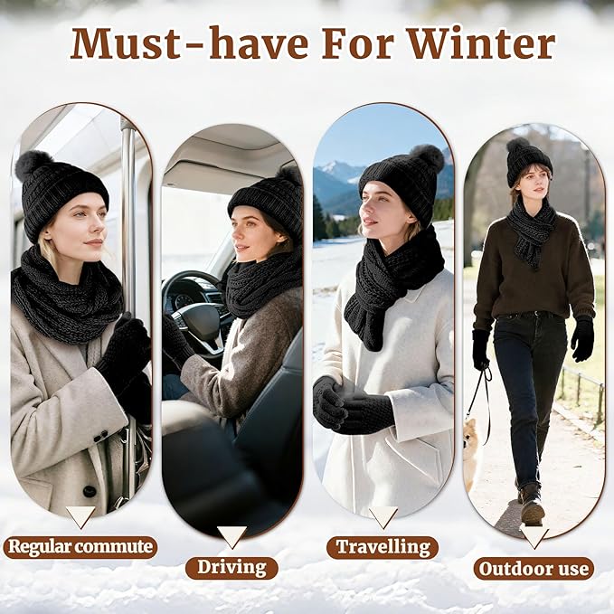 Winter Hat Scarf Gloves Set for Women, Warm Knit Beanie, Touch Screen Gloves and Soft Neck Warmer