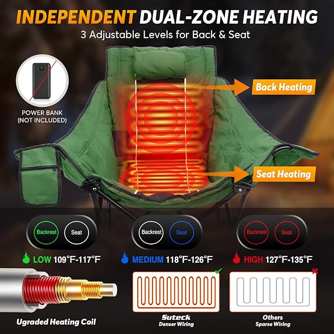 Suteck Heated Rocking Camping Chair, XL Oversized Rocking Chair Outdoor with 3 Heat Levels for Back and Seat, Heated Chairs Outdoor Sports for Patio Lawn Picnic Travel, Power Bank（Not Included）