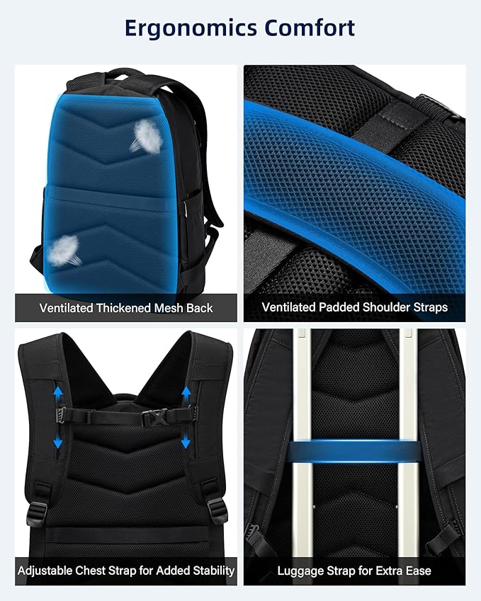 Travel Laptop Backpack for Women Men, 18 Inch Large Work Backpack for Commuter College School Book Bags, Water Resistant Backpack with Luggage Strap Water Bottle Pocket Chest Strap, Black