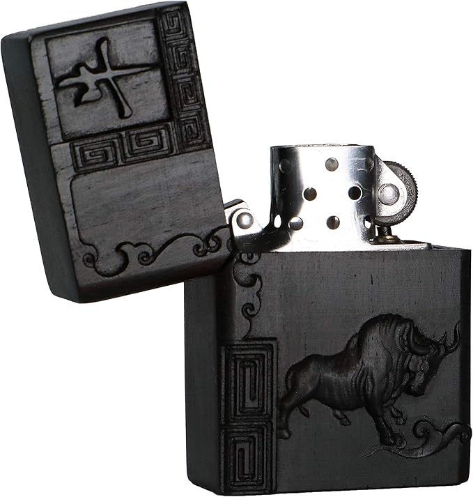 Natural Ebony Black Wood Carved Lighter Shell Box For Zippo Module (Zodiac Ox)