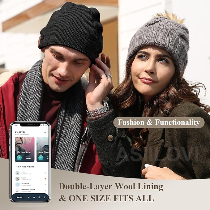 Bluetooth Beanie for Women, Double-Layer Wool Lining Bluetooth Hat Beanie for Women/Girls/Teens/Family, 20hrs Playing, Gift Packaging for Christmas Stocking Stuffers Thanksgiving (02-White)