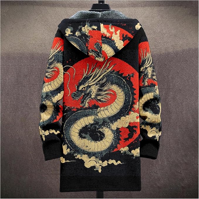 Mens Hooded Cardigan Japanese Art Zip Up Long Sleeve Sweater Hoodie Dragon Print Coat with Pockets