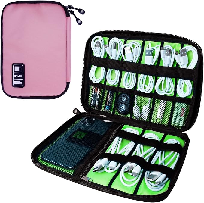 Electronics Travel Organizer,Portable Waterproof Electronic Travel Storage Bag for Small Charging Cord Storage,Charger,SD Card etc,for Travel,Business -Pink Green