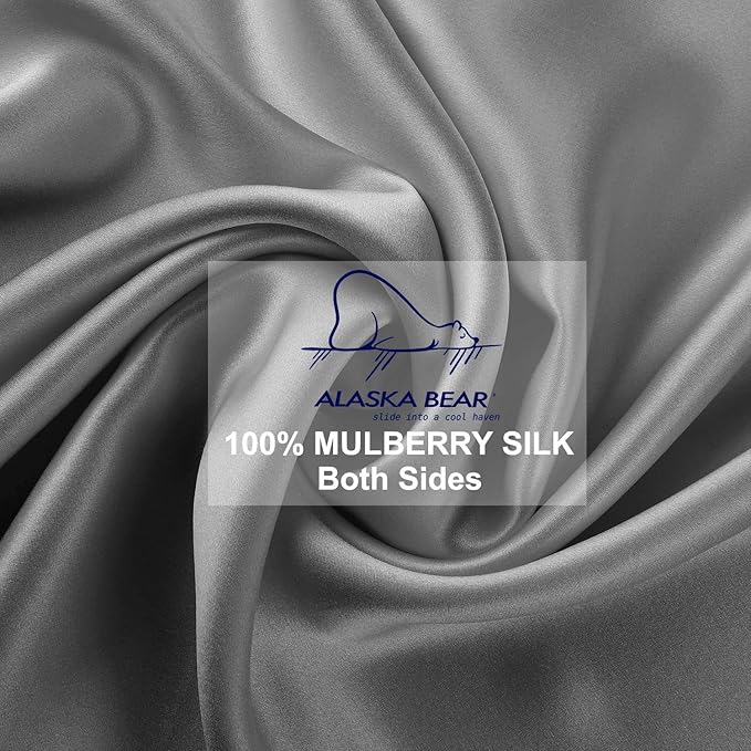 ALASKA BEAR Natural Silk Pillowcase, Hypoallergenic, 19 Momme, 600 Thread Count 100 Percent Mulberry Silk, Standard Size with Hidden Zipper (1pc, Iron Grey)