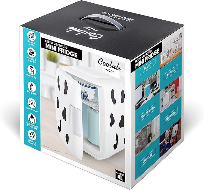 Cooluli Skincare Mini Fridge for Bedroom - Car, Office Desk & Dorm Room - Portable 4L/6 Can Electric Plug In Cooler & Warmer for Food, Drinks, Beauty & Makeup, 12v AC/DC & Exclusive USB, Cow Print