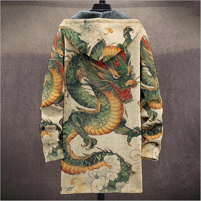 Mens Hooded Cardigan Japanese Art Zip Up Long Sleeve Sweater Hoodie Dragon Print Coat with Pockets