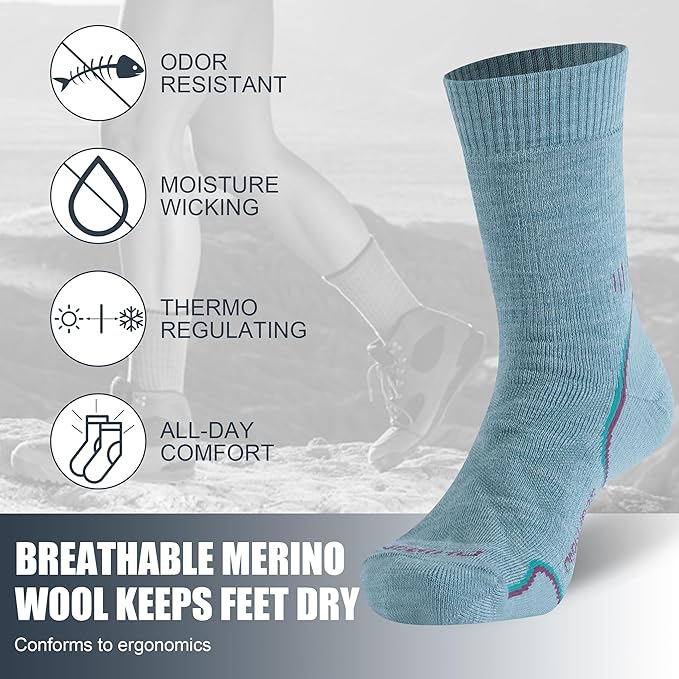 ZEAL WOOD Merino Wool Hiking Crew Socks for Men Women Comfort Full Cushion Moisture Wicking for Camping Trekking Work Outdoor