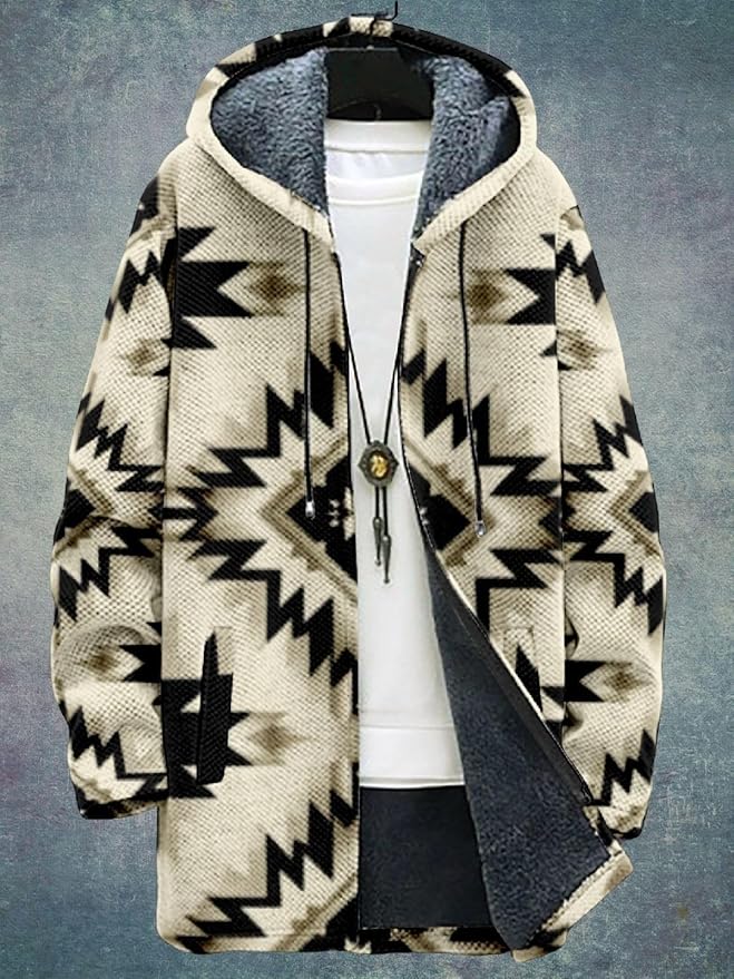 2025 Men's Ethnic Pattern Hooded Jacket Long Cardigan Hoodies Full Zip Vintage Knitted Zipper Coat with Pocket