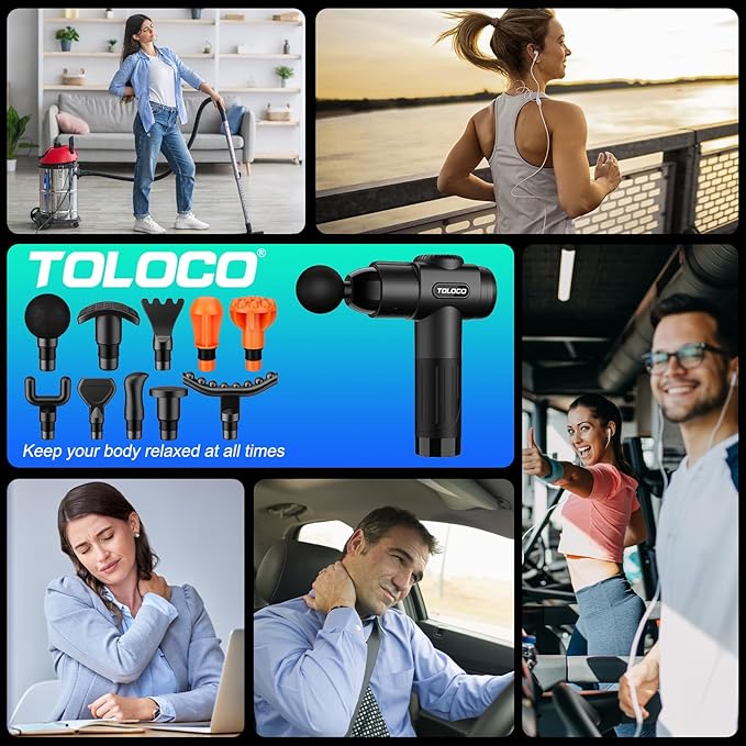 TOLOCO Massage Gun, Deep Tissue Back Massage for Athletes for Pain Relief, Percussion Massager with 10 Massages Heads & Silent Brushless Motor, Christmas Gifts for Women, Men, Black