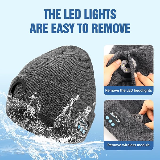 Bluetooth Beanie with Light, HD Stereo Sound, USB Rechargeable Headlamp for Hiking Fishing, Gift for Men Women Teen