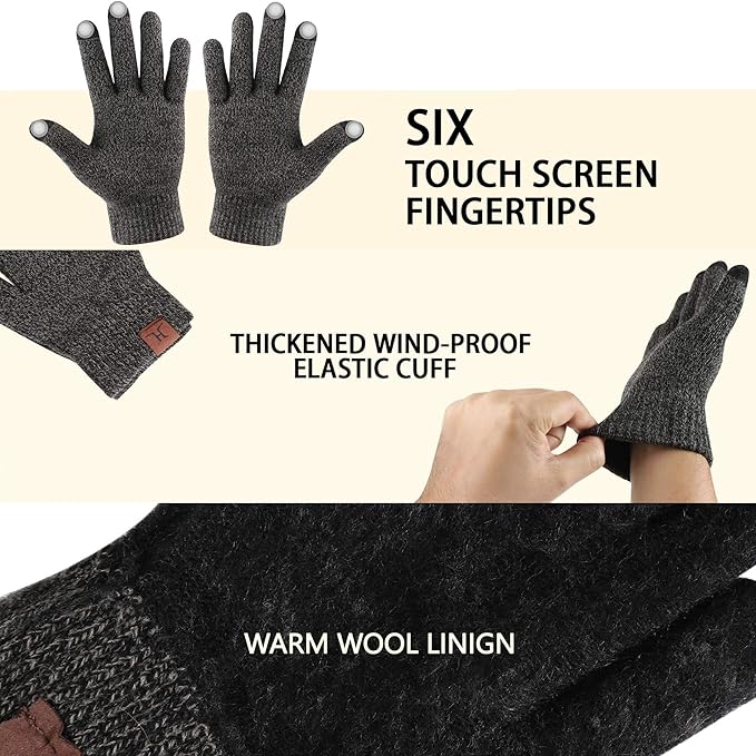 Winter Warm Beanie Hat Touchscreen Gloves Set, Soft Skull Cap Gloves Set for Men and Women with Warm Knit Fleece Lined