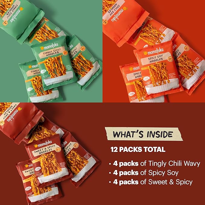 Momofuku Ramen Noodle Spicy Variety Pack by David Chang, 12 Meals of Air-Dried Instant Noodles with Spicy Sauce
