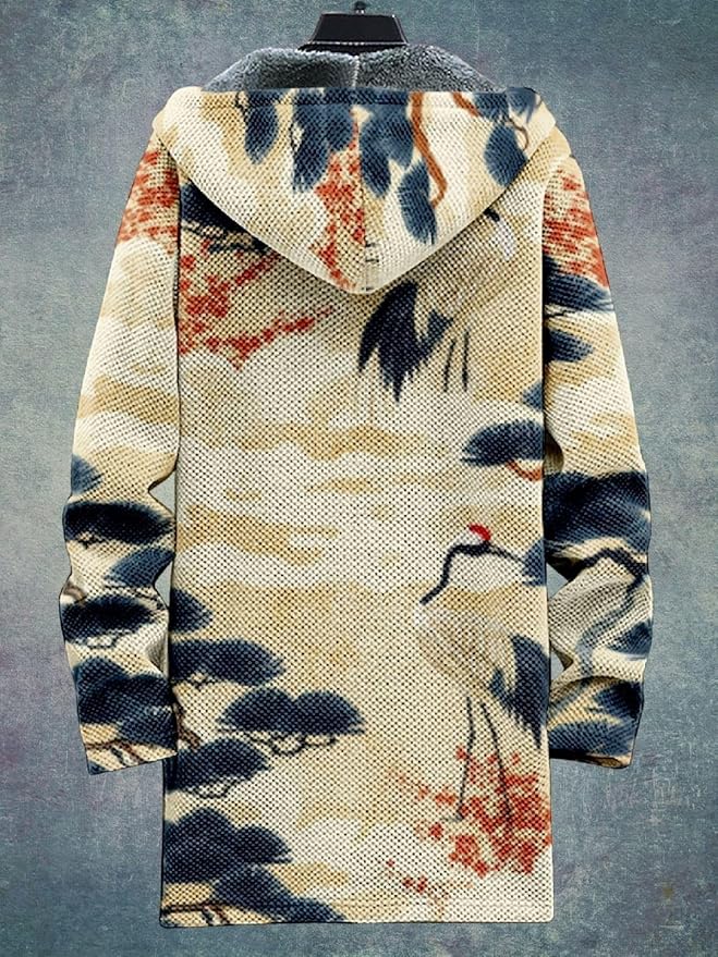 2025 Men's Ethnic Pattern Hooded Jacket Long Cardigan Hoodies Full Zip Vintage Knitted Zipper Coat with Pocket