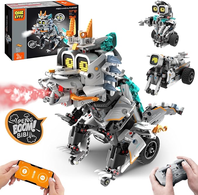 STEM Building Toys for Kids 6-14, Remote & APP Controlled 3in1 STEM Dinosaur Motorcycle Robot Building Kit for Kid with Music Spray, 646 Pcs Building Blocks Set Birthday Xmas Gift Ideas for Boys Girls