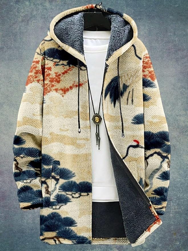 2025 Men's Ethnic Pattern Hooded Jacket Long Cardigan Hoodies Full Zip Vintage Knitted Zipper Coat with Pocket