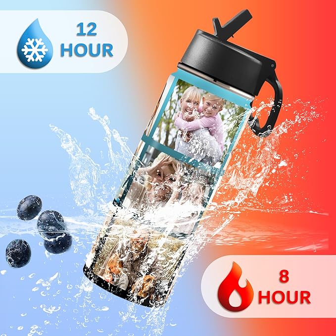 Personalized Photo Water Bottle with Straw Lid, 18 oz/32 oz Custom Stainless Steel Sports Water Bottle with 1-9 Picture Name or Text-Double Wall Vacuum Insulated Gift Cup for Kids Women Men