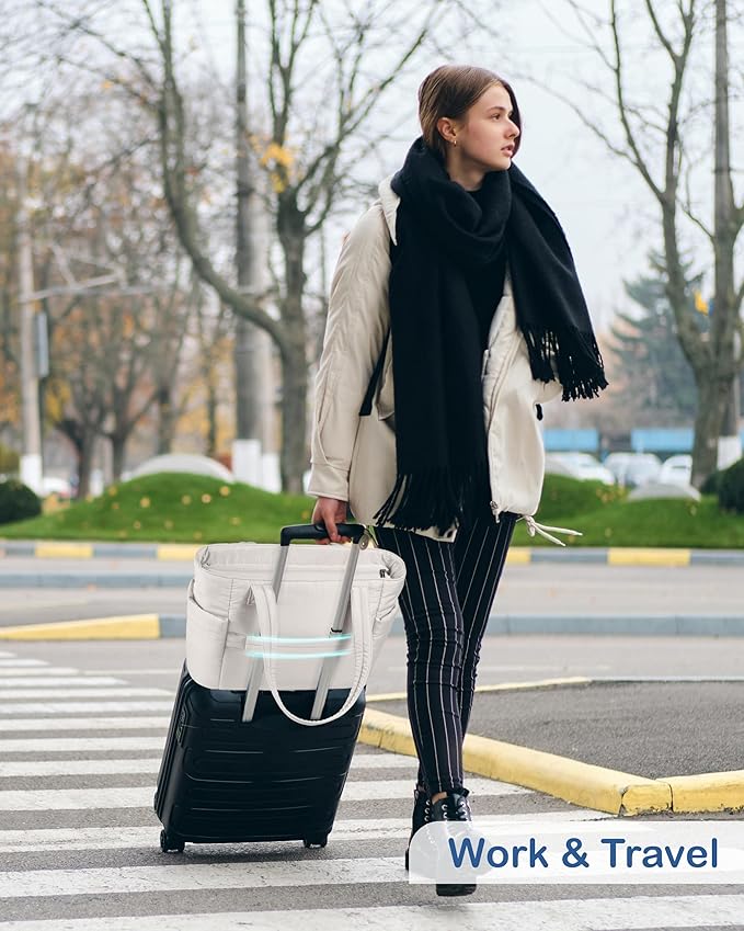 TOPDesign Puffy Tote Bag for Women with Cup Holder & Laptop Compartment & Cosmetic Bag & Trolley Sleeve for Work, Travel