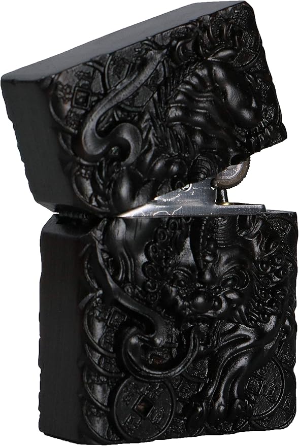 Natural Ebony Black Wood Carved Lighter Shell Box For Zippo Module (Rich Unicorn 1#)