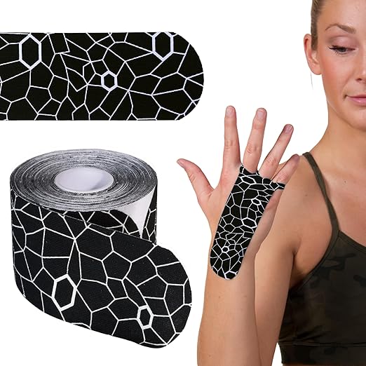 THERABAND Kinesiology Tape, Waterproof Physio Tape for Muscle & Joint Support, Standard Roll with XactStretch Application Indicators, 2" X 10" Strips, 20 Precut Strips, Black/White
