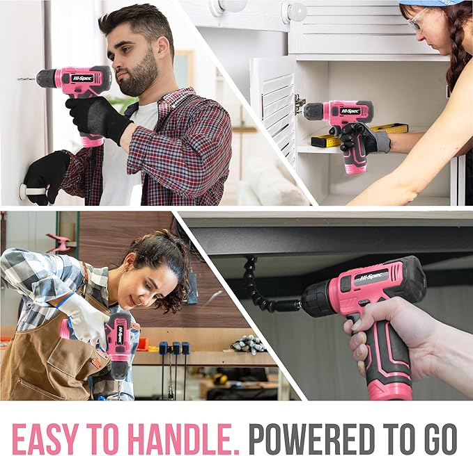 Hi-Spec 110pc Pink 8V USB Electric Power Cordless Womens Drill Driver Set. Drill Bits, Sockets and Screwdriver Bit Set Accessories In a Portable Toolbox Case for Ladies
