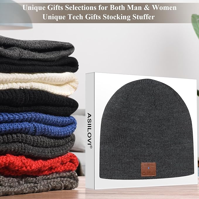 Bluetooth Beanie, Double-Layer Wool Lining Bluetooth Hat Beanie for Men/Women/Teens/Family, 20hrs Playing, Gift Packaging for Christmas Stocking Stuffers Thanksgiving (001-Charcoal)