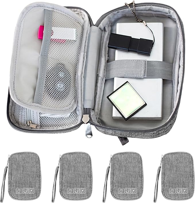 4Pcs Electronic Organizer Travel Cable Organizer Bag Pouch Portable Small Electronic Cable Pouch Electronics Accessories Organizer Travel Digital Storage Bag for Power Bank Charger Card, Grey