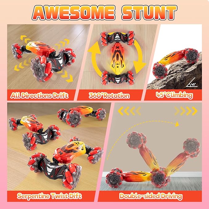 Gesture Sensing RC Stunt Car, 2.4GHz 4WD Stunt Car Toys for Ages 6-12 yr Boys Girls, Hand Controlled Remote Control Twist Cars, Offroad 360° Rotation with Lights and Music for Birthday Gifts