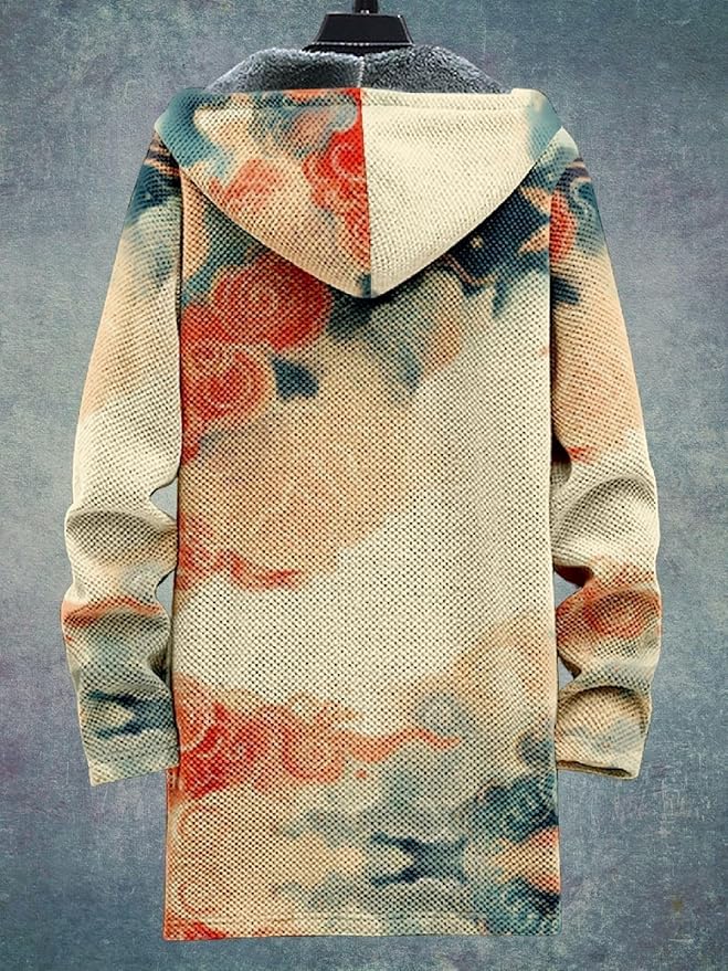2025 Men's Ethnic Pattern Hooded Jacket Long Cardigan Hoodies Full Zip Vintage Knitted Zipper Coat with Pocket