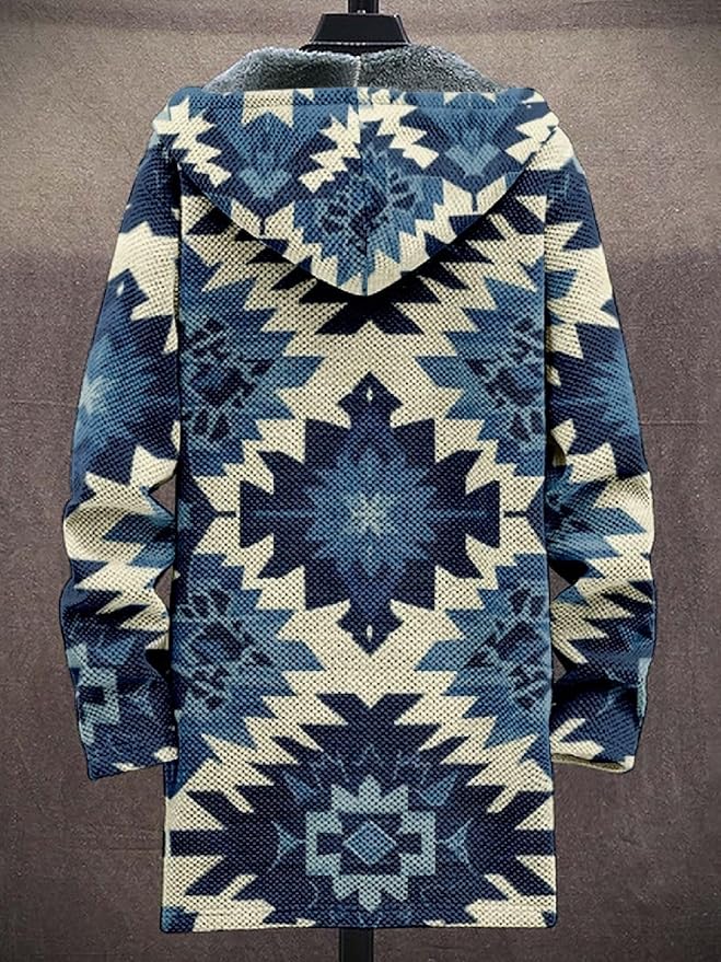 2025 Men's Ethnic Pattern Hooded Jacket Long Cardigan Hoodies Full Zip Vintage Knitted Zipper Coat with Pocket