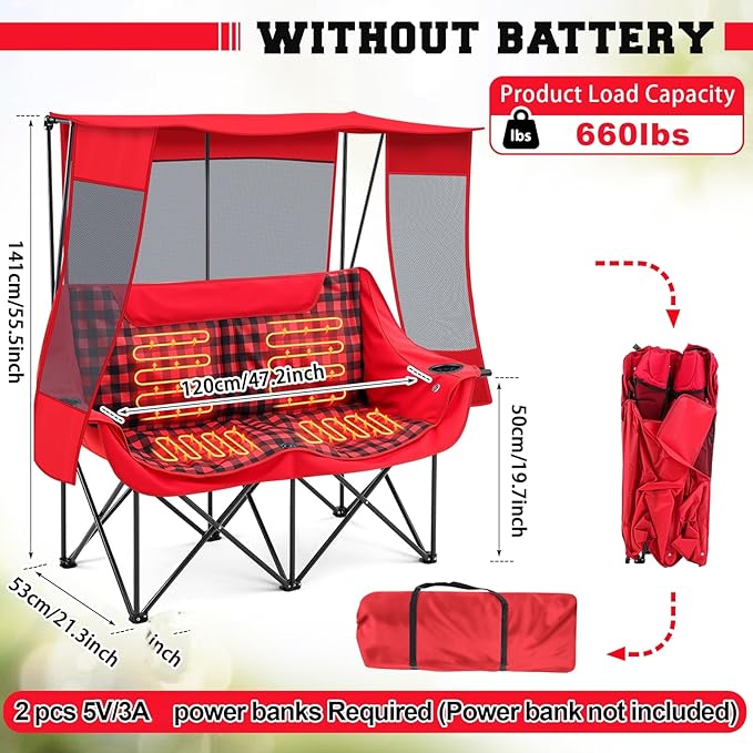 Heated Double Camping Chair with Canopy, Padded Loveseat 660lbs Folding Portable Chair with Pocket for Adult Outdoor Lawn, 4 Heating Zones 3 Heat Level, Use 5v/3a Power Bank (Not Included)(Red Plaid)
