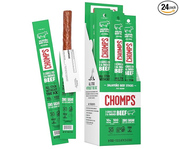 Chomps Grass-Fed and Finished Jalapeño Beef Jerky Snack Sticks 24-Pack - Keto, Paleo, Whole30, 10g Lean Meat Protein, Gluten-Free, Zero Sugar Food, Non-GMO